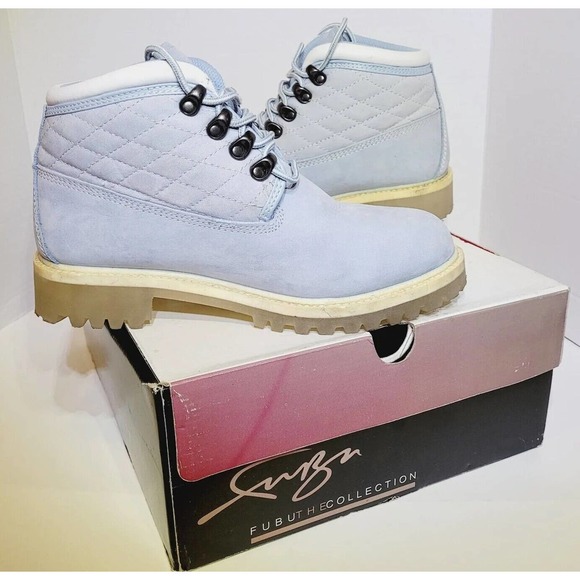 Vtg FUBU Collection Women’s Quilted Contender Boots POWDER BLUE 7M Construction - Picture 2 of 12